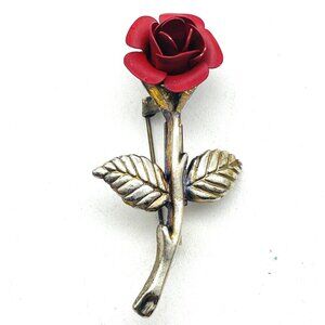 Vintage Red Rose Brooch Silver Tone Stem Floral Pin Romantic Gift